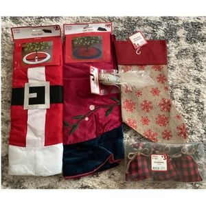 Christmas, New 2 tree skirts, 12 identical stockings, 5 birds, plaid ornaments